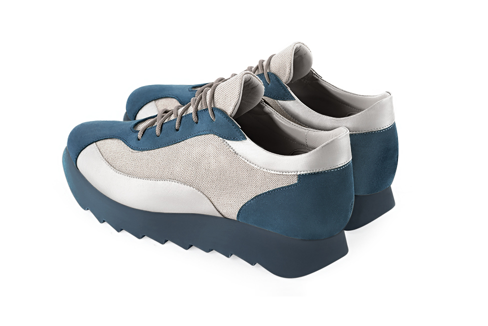 Peacock blue and light silver women's two-tone elegant sneakers. Round toe. Low rubber soles. Rear view - Florence KOOIJMAN